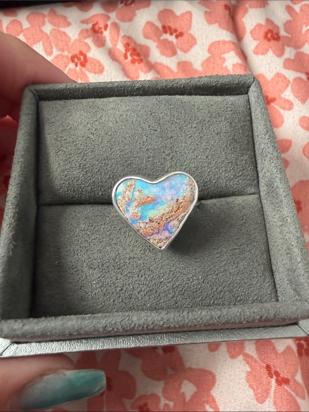 Heart-Shaped Opal Ring in Blue-Green